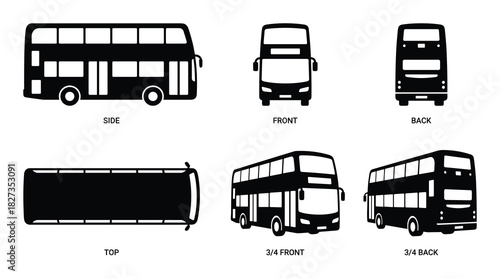 Double decker bus black and white icon set. Bus side, front, back, top, 3/4 front, and 3/4 back views.
