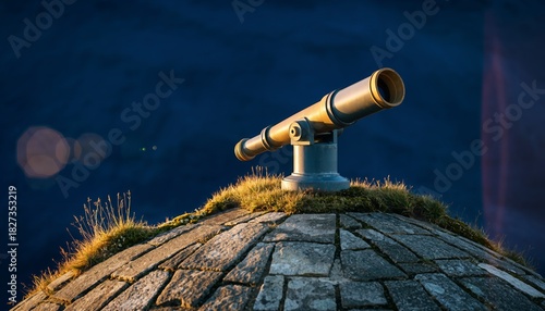 Telescope on Rocky Hilltop Overlooking Ocean at Dusk with Calm Blue Water