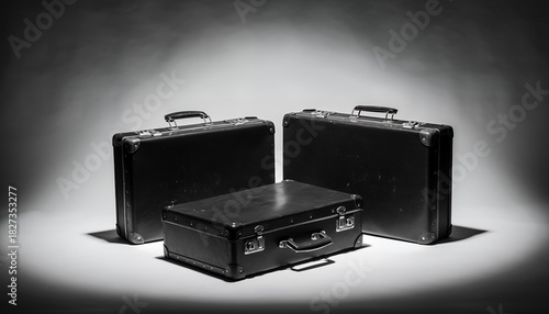 Three Black Vintage Suitcases on Dark Background with Spotlight Effect