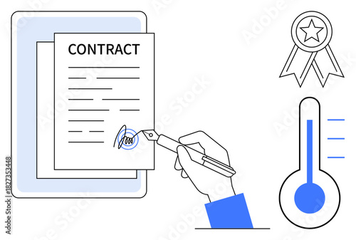 Hand signing a contract with a pen, achieving goals with certificates and progress thermometer. Ideal for business, agreements, contracts, progress, success, achievement workplace motivation. Simple