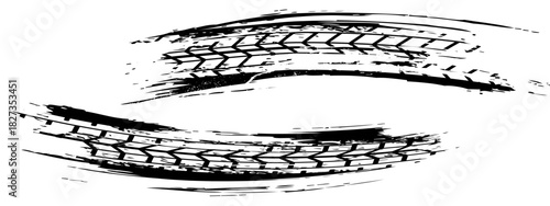 Grunge tire track, wheel braking marks. Truck, car or motorcycle tread pattern silhouette. Auto race, motorsport, speed racing design element