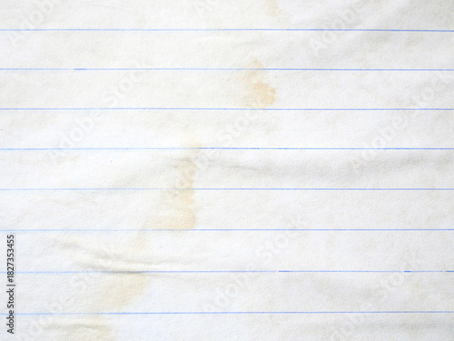 Notebook paper with lines and brown stains.