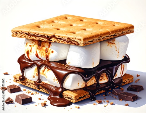 Delectable s'more with overflowing, molten chocolate and toasted marshmallows, between crackers