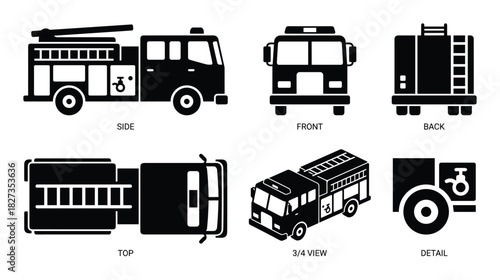 Black fire engine icons. Simple set of different views. Flat vector illustration.