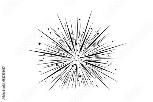 Explosion abstract design. Radiating lines and scattered dots. Bursting starburst effect.