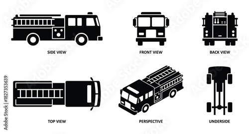 Detailed fire engine illustration, emergency vehicle blueprints, side, front, back, top, perspective, underside