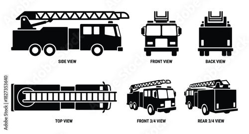 Emergency fire truck with extendable ladder various views. side front back top and 3/4 views.