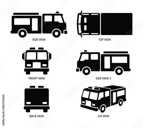 Emergency vehicle design, fire engine illustration, side view, top view, front view, back view, 3/4 view