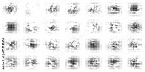 Halftone wavy grunge background. Faded grain gritty textured wallpaper. Black and white comic noise grit surface. Pixelated speckles, dots and particles overlay. Vector graphic design