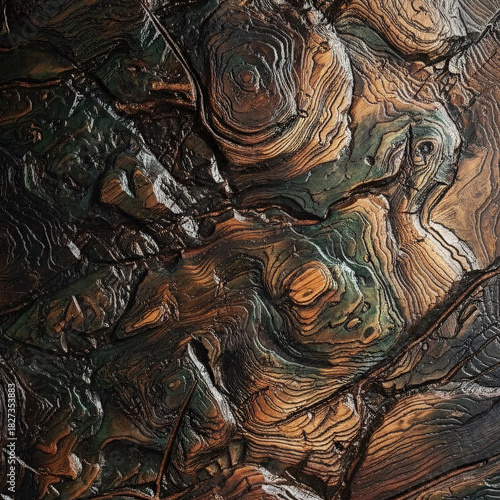 Fototapeta Naklejka Na Ścianę i Meble -  Abstract dark carved wood texture with topographic relief pattern. Grunge burnt timber background with swirling grain, curves, and organic 3D shapes.