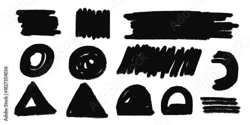 Set Grunge Pen Scratch Basic Shape Vector Ideal for artistic overlays, borders, and backgrounds with a rough, scratched texture. Symbolizes raw artistry, distress, and creative form.