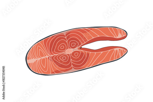 Red salmon steak isolated on white background. Raw fish piece. Fresh salmon fillet. Healthy eating.