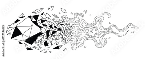 Geometric rock explosion to liquid. abstract transformation from solid to fluid. dynamic illustration.