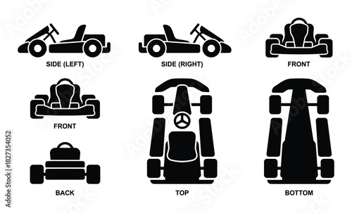 Go kart viewing angles flat icon set including side left, side right, front, back, top, and bottom perspectives