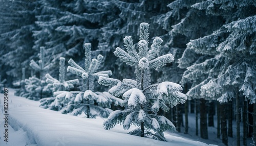 Frosted Snow-covered Pine Trees in Winter Forest Scene