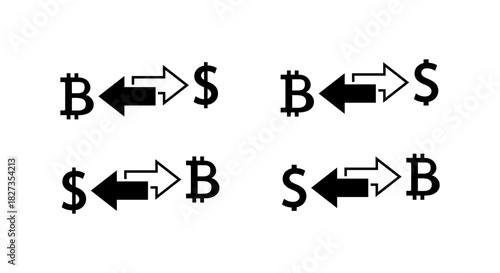 Bitcoin to dollar exchange arrow icon. Digital money conversion and cryptocurrency transaction symbol