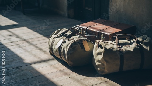 Travel Luggage and Bags on Wooden Floor Near Door with Sunlight Shadows in Cozy Home or Hotel Setting