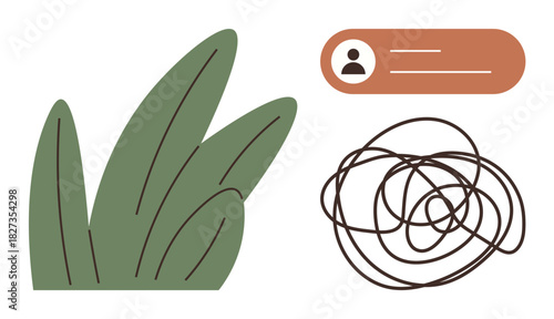 Tangled lines symbolize confusion alongside stylized leaves and a profile badge with avatar and text. Ideal for mental health, identity, nature, user interface, creativity, stress, and growth. Simple