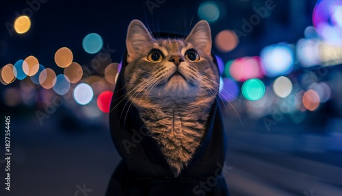 Gray Tabby Cat Wearing Black Hoodie Standing in Urban Night Scene with Colorful Bokeh Lights