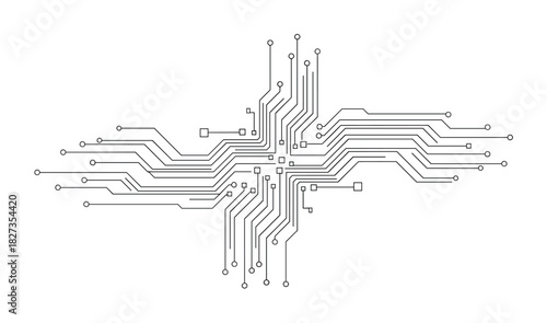 Circuit board diagram with connected lines and nodes. Electronic technology background. Computer chip