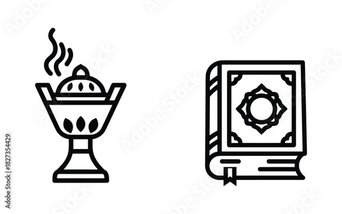Incense holder with smoke and ornate book, spiritual items, religious text, line drawing set