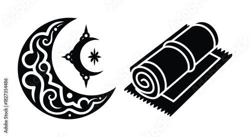 Islamic symbols. crescent moon with star. prayer rug for religious practices. muslim religion. ramadan.