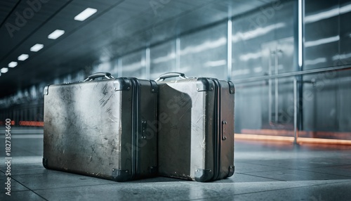 Two Old Worn Suitcases in Modern Airport Terminal