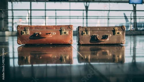 Two Vintage Suitcases on Airport Floor Near Large Window in Modern Terminal