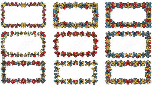 Cute hand drawn floral border with naive colorful flowers, funny kid style frame for spring