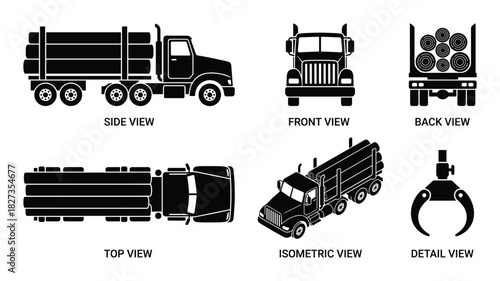 Industrial logging truck various views. side front back top isometric and detail view.