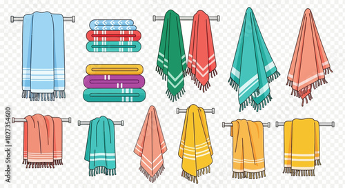 “Stacked Gamcha and Blanket Illustration – Organized Folded Bedding and Traditional Textile Vector Art”