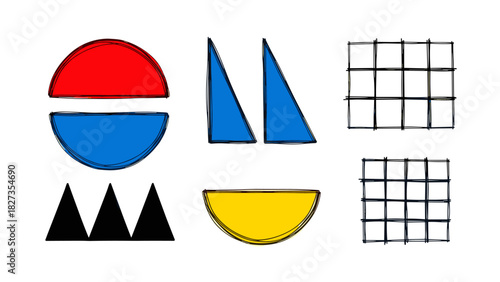 Bauhaus geometric shapes kit, semi-circles and triangles and grids, hand drawn ink lines with rough edges, primary colors red blue yellow and black, minimalist composition, flat white background