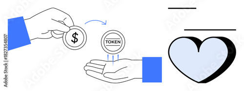 Hand transferring dollar coin to another hand receiving digital token with heart symbolizing value exchange. Ideal for blockchain, cryptocurrency, trust, charity, economy, virtual assets