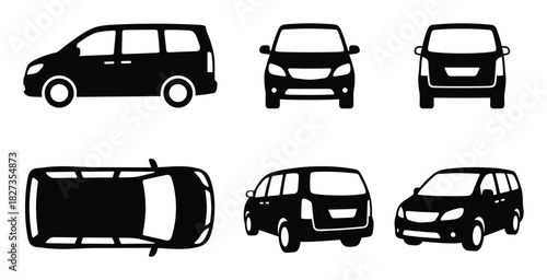 Black vector icon set of a minivan car from multiple perspectives including side, front, back, and top views.