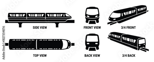 Monorail train vector icon set featuring side, front, back, top, and three-quarter perspectives.