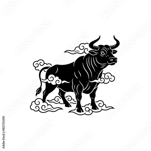 Zodiac Animal Ox silhouette with stylized lunar clouds design