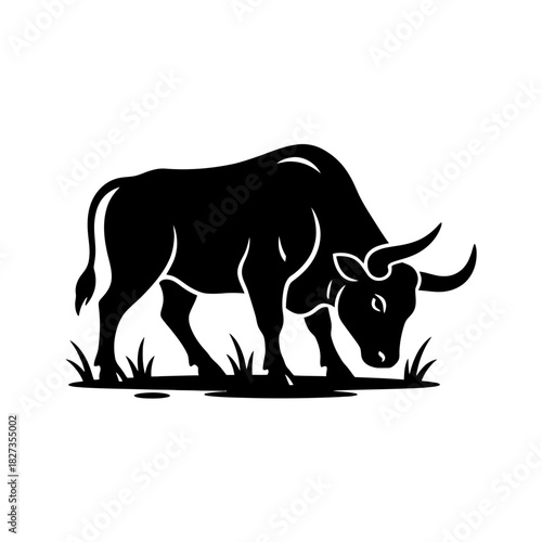 Zodiac Animal Ox silhouette grazing on grass black white