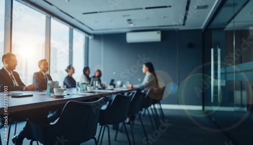 Modern Business Meeting in Bright Conference Room with Large Windows and Businesspeople Engaged in Discussion