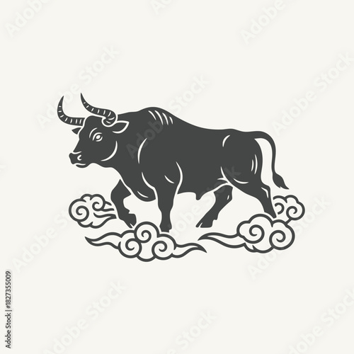 Zodiac Animal Ox silhouette walking with stylized lunar clouds illustration