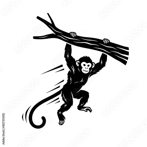 Zodiac Animal Silhouette of monkey swinging from stylized branch