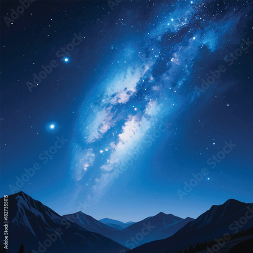 The Beauty of the Galaxy Sky and Mountains Illustrator Artwork Banner Background Design Template 