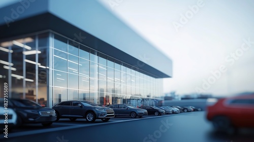 Blurred modern vehicle dealership exterior, defocused business background with automobile showroom architecture and commercial display, automotive retail visualization with copy space