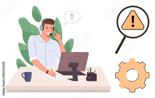 Man using headset at desk while working on computer, discussing problems. Magnifying glass on warning sign and gear symbolize troubleshooting. Ideal for customer service, support, problem-solving