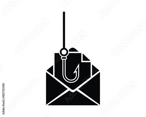 Phishing email icon. Fishing hook. Open envelope. Scam attempt. Cyber security.
