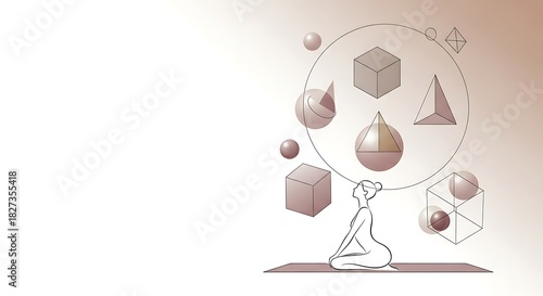 Minimalist Woman Meditating with Geometric Shapes in Soft Neutral Tones