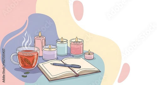 Relaxing Cozy Scene with Candles and Tea on Open Notebook in Soft Pastel Colors