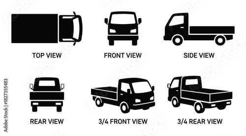 Utility truck illustration, flatbed vehicle design, top, front, side, rear, 3/4 front, 3/4 rear