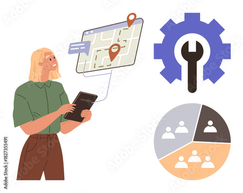 Woman holding tablet viewing map with pins, gear symbolizing tools, pie chart divided into teams. Ideal for navigation, teamwork, management, planning, analytics, engineering simple flat metaphor