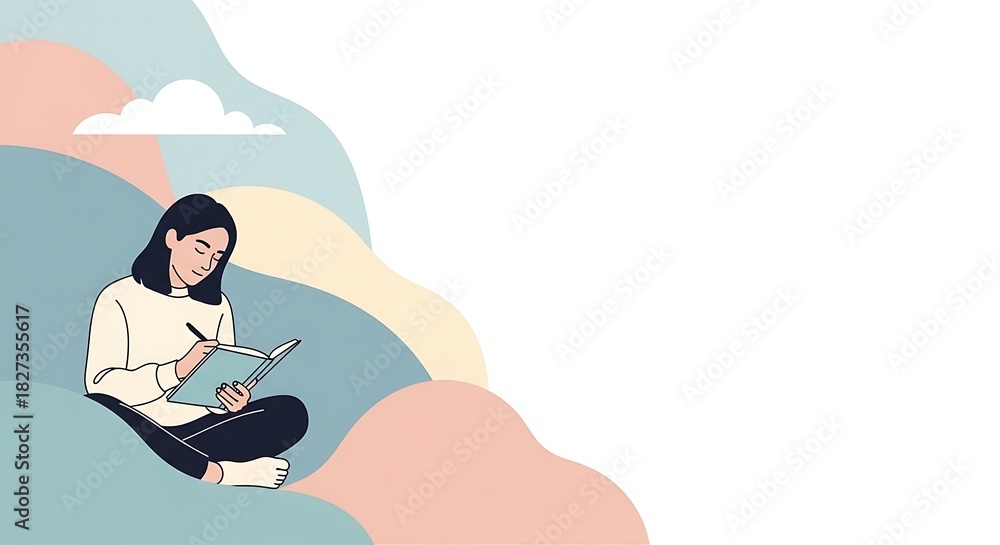Fototapeta premium Young Woman Sitting Cross-legged Reading Book in Soft Pastel Cloudscape Illustration