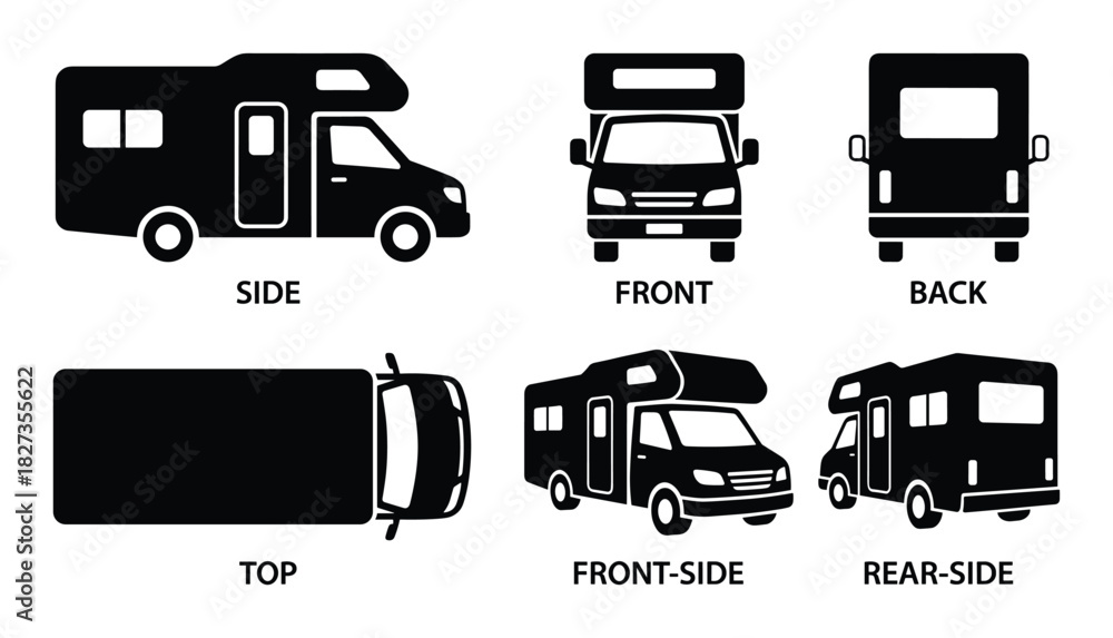 Obraz premium RV motorhome black vector icons set with side, front, back, top, and various angled perspectives.